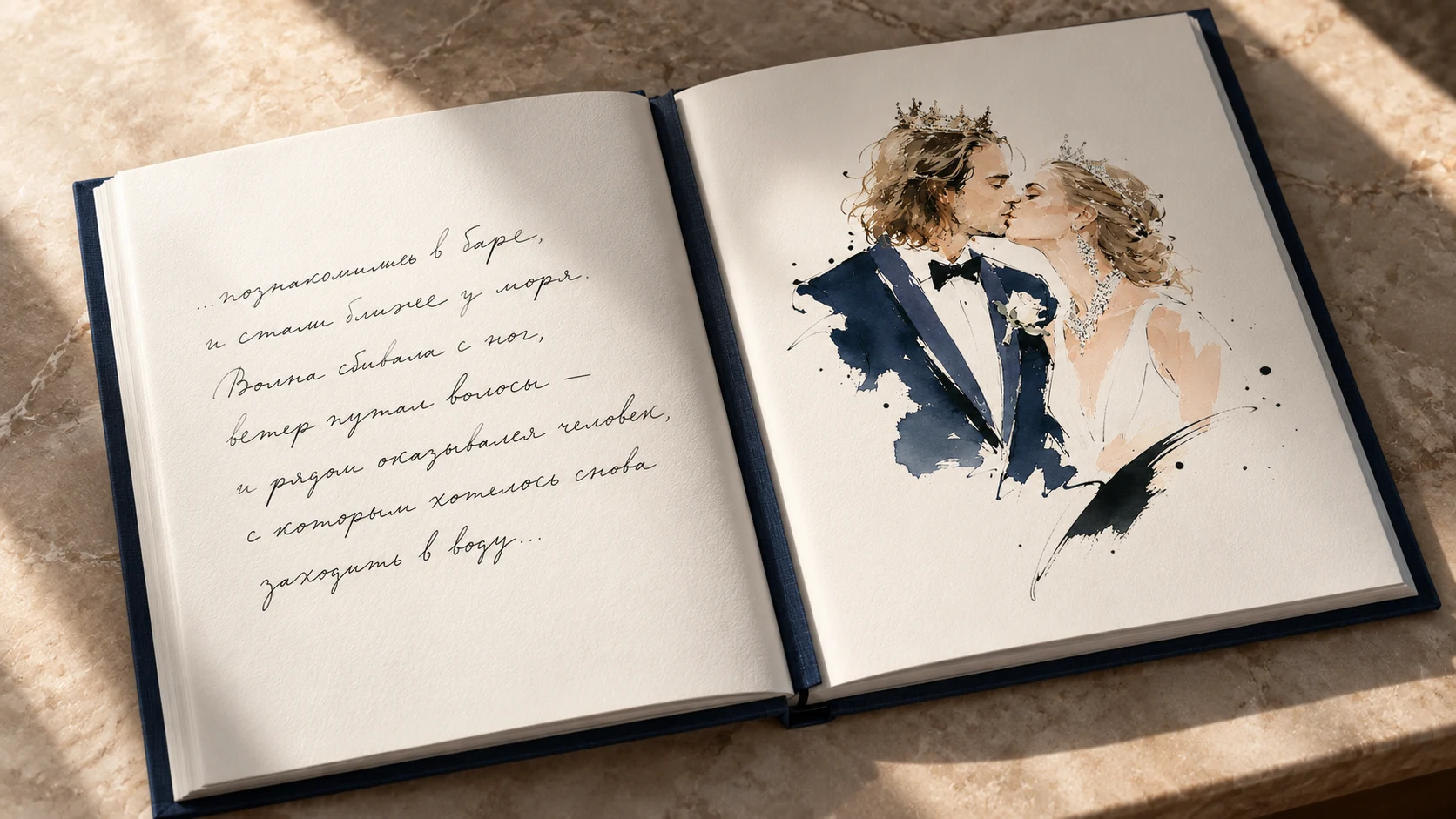 Открытая книга: личные слова на левой странице и портрет пары на правой